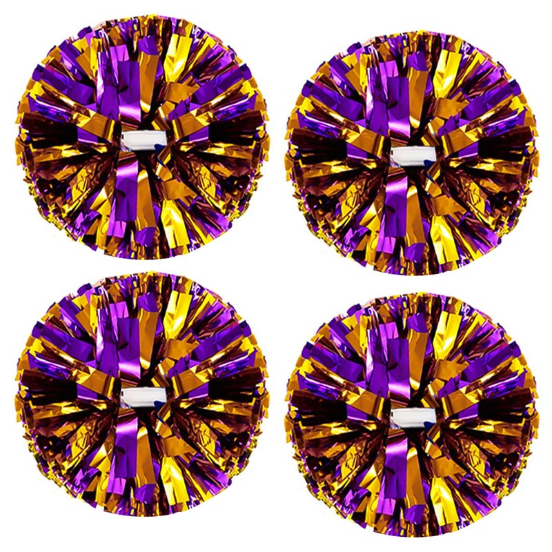 CREATIEE-PRO 4Pcs Metallic Cheerleading Pom Poms, Creatiee 2 Pair Cheerleader Cheering Squad Pompoms for School Sports Dance Games Team Spirit Cheer (Purple-Gold) - Image 1